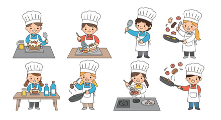Fototapeta premium Diverse set of children in chef hats and aprons happily cooking, baking, and flipping delicious food in pans at the kitchen.