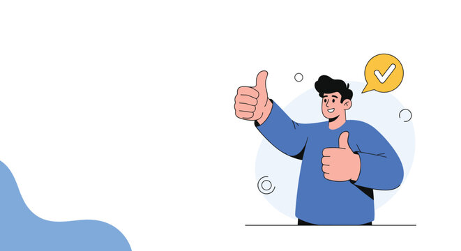 Energetic young man in a blue shirt giving two thumbs up as a symbol of his approval, success, and positivity.