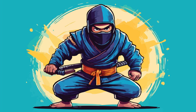 Cartoon Ninja Warrior Ready for Action with Katana Sword.