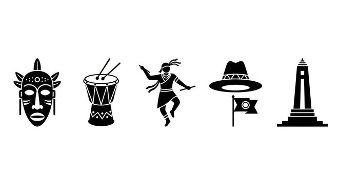 Iconic cultural symbols illustration black and white design isolated on white background