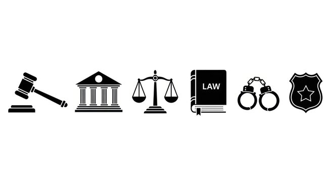 Legal icons gavel courthouse scales of justice law book handcuffs badge