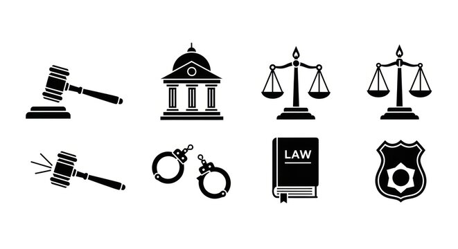 Legal icons set illustrating justice courthouse scale law enforcement