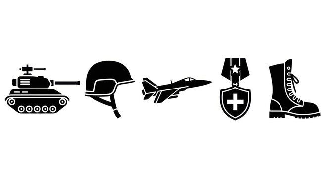 Military equipment silhouettes tank jet helmet boot and medal icons