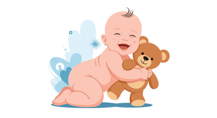 Fototapeta premium Adorable smiling baby crawling on the floor while hugging a soft brown teddy bear in a cheerful atmosphere.
