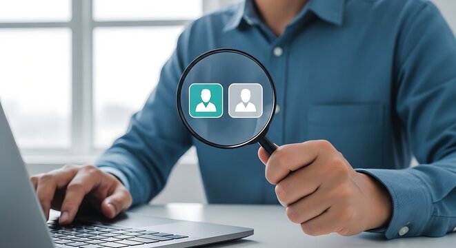 Businessman searching for employee profile on computer with magnifying glass