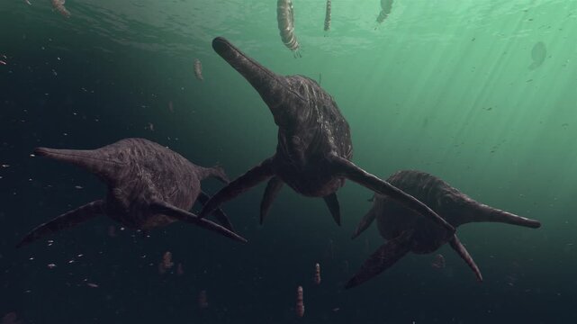 4K 3D animation of a pod of Shonisaurus swimming through the deep prehistoric ocean, surrounded by ancient ammonites and shimmering schools of fish