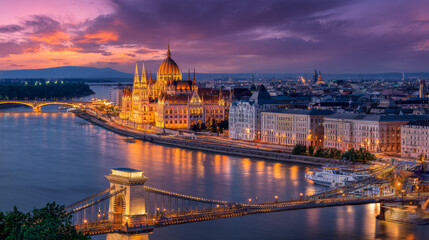 Obraz premium Evening view of Parliament and Chain Bridge in Pest city. Colorful sanset in Budapest, Hungary, Europe. Artistic style post processed photo.