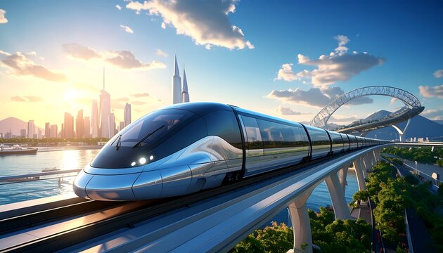 A sleek silver bullet train speeds across a bridge