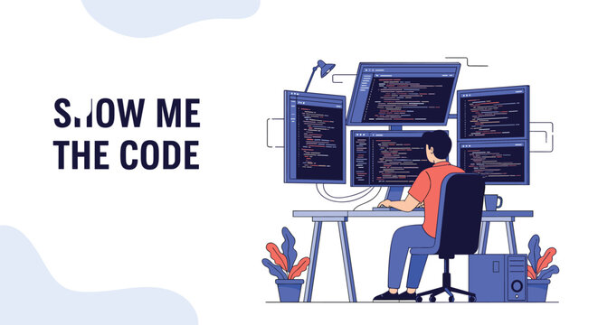 Male software developer working on complex programming project using multiple computer monitors displaying lines of code.