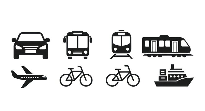 Transportation icons car bus train airplane bicycle and ship symbols