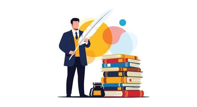 Distinguished man in business suit holding large quill pen standing next to tall stack of classic hardcover books.
