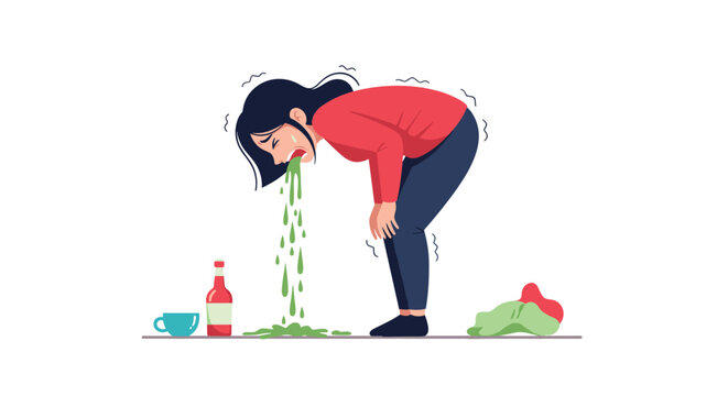 Sick woman bending over and vomiting green liquid onto floor due to illness or severe alcohol intoxication symptoms.
