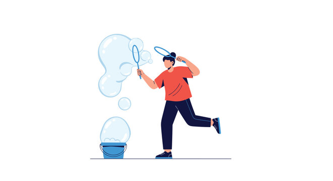 Happy young girl having fun outdoors while making large soap bubbles with wands and blue bucket of soapy solution.