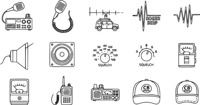 Black and White Line Art Icons of CB Radio Equipment and Communication Symbols