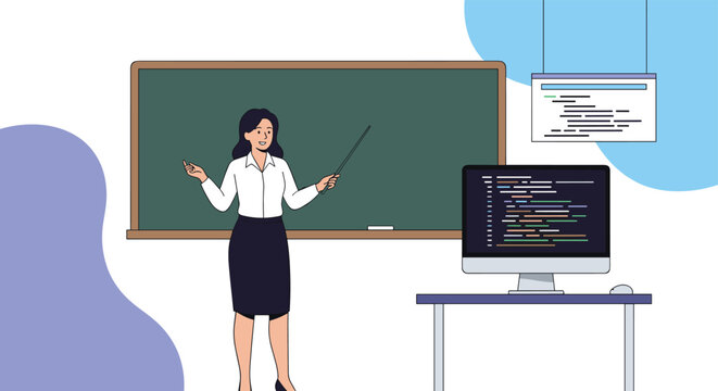 Female computer science teacher standing by blackboard and computer monitor explaining programming code to her students.