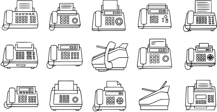 Black and White Line Art Icons of Various Fax Machine Models, Technology Office Equipment