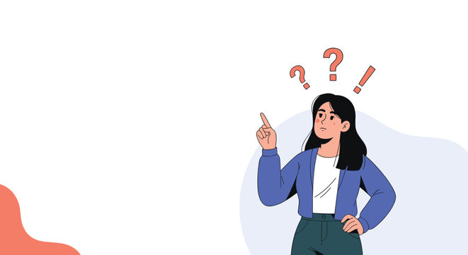 Young woman looking confused and thoughtful with question marks and exclamation point above her head for solving problem.