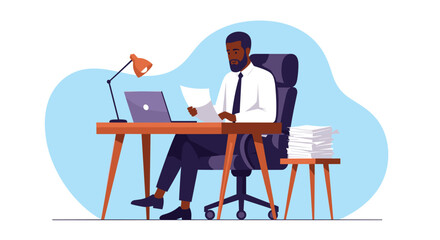 Fototapeta premium Focused businessman sitting at office desk working on laptop and reviewing documents next to large stack of papers.