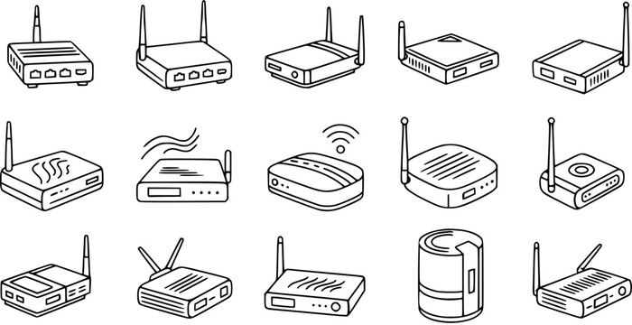 Black and White Line Art Collection of Various Network Routers and Modems, Technology Icons