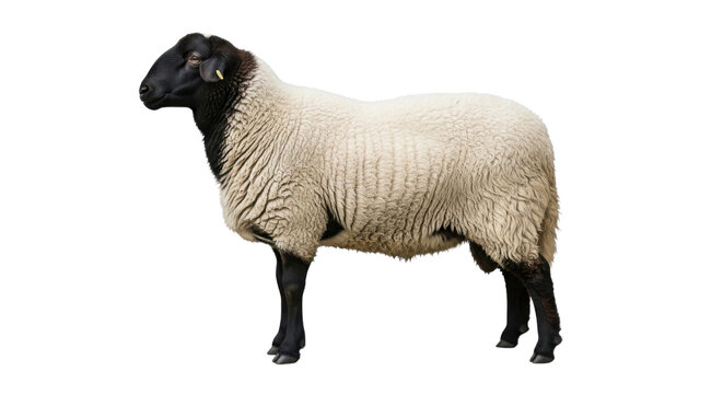 Dorper sheep with black head and white woolly body, domestic farm animal profile, livestock ram standing for agricultural industry isolated PNG with Transparent Background