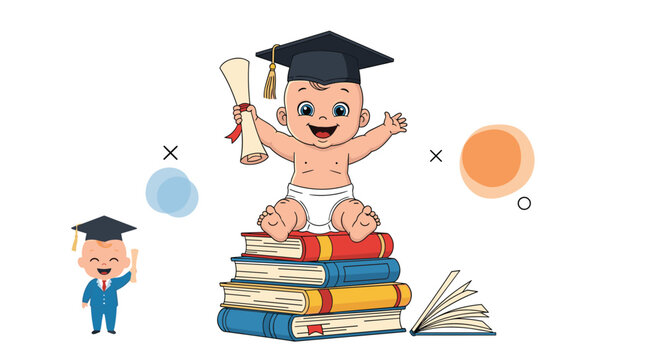 Happy baby wearing a graduation cap and diaper sitting on a stack of books with a diploma scroll in a studio setting.