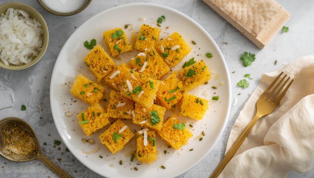 Bright yellow cornbread cubes sprinkled with herbs and cheese on a white plate with side dish