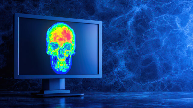 Diagnostic imaging skull thermography monitor showing colorful heat map of human cranium blue