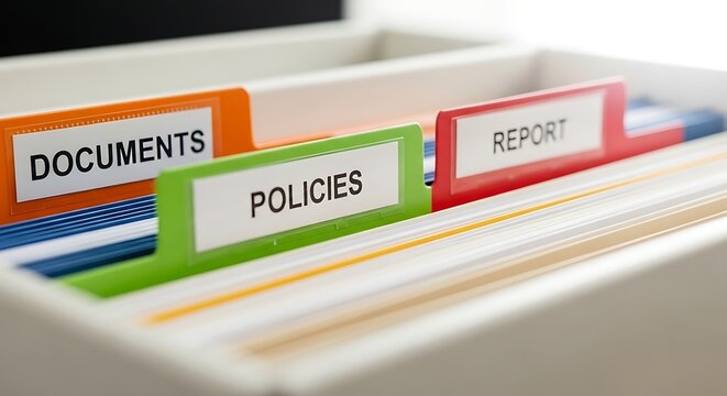 Close-up of labeled file folders in a drawer, documents, policies, and report
