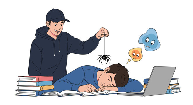 High school student sleeping at a desk while a prankster friend holds a black spider over his head as a funny joke.