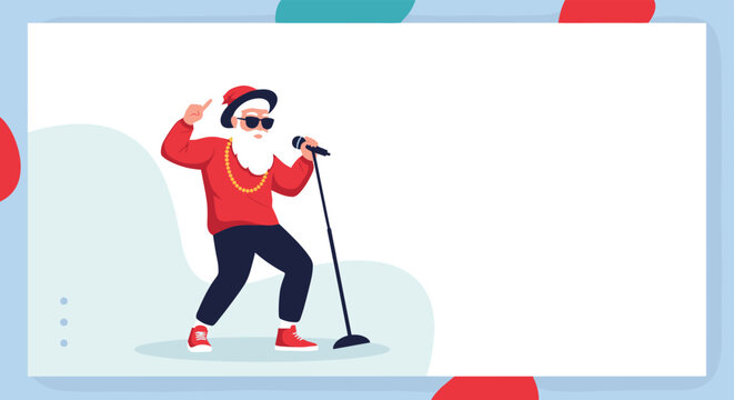 Energetic Santa Claus character wearing sunglasses and a hat dancing and singing on a modern website landing page.