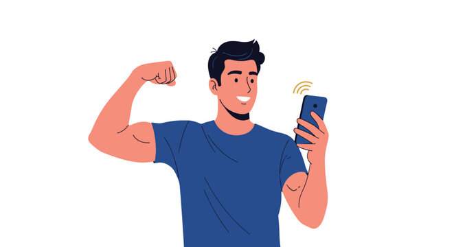 Athletic young man flexing his bicep while checking his progress on a smartphone app against a clean white background.
