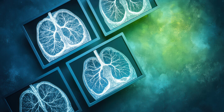 Diagnostic imaging of human lung scans showing bronchial tree and airway structure in blue light