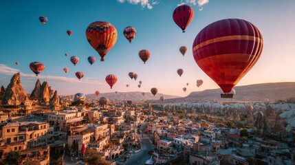 Obraz premium Flying on balloons early morning in Cappadocia. Amazing summer scene of Red Rose valley, Goreme village location, Turkey, Asia. Traveling concept background.