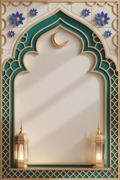 `Luxury 3D Islamic Wedding Arch Frame with Golden Lanterns Crescent Moon and Blue Flowers for Nikah Invitation Card