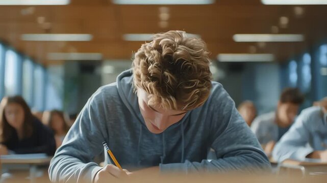 Young Male Student Concentrating on Exam in Large Classroom