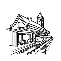 Naklejka premium Train Station with Clock Tower and People.