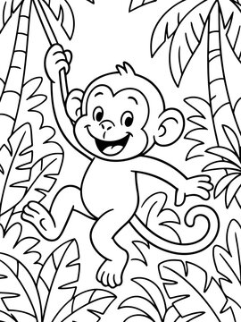 Whimsical Monkey Amidst Jungle Canopy: A cheerful cartoon monkey swings playfully through a lush jungle, its antics bringing a touch of fun to the verdant foliage.