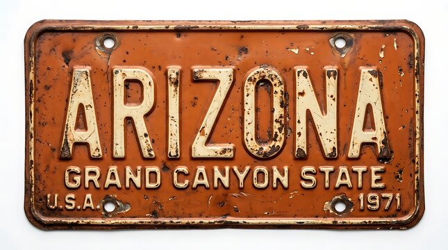 Weathered Arizona Grand Canyon State license plate rusted orange metal car sign decor illustration