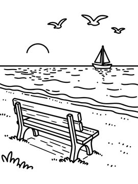 Serene Seaside Sketch: A peaceful scene unfolds, capturing the essence of seaside tranquility with a park bench overlooking a gentle ocean horizon with a sailboat sailing in the sea 
