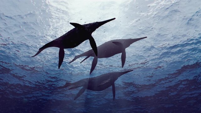 Majestic 4K 3D animation capturing a large pack of giant Shonisaurus ichthyosaurs swimming and migrating through a deep prehistoric ocean with shafts of light filtering down and vast schools of fish