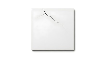 Naklejka premium A single, pristine square white ceramic tile featuring a distinct, dark jagged fissure crack running diagonally from the top edge toward the center, set against a clean, isolated studio background.