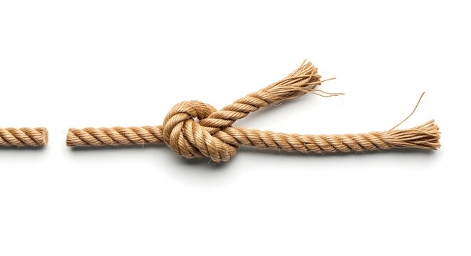 A close up studio shot of a thick, natural fiber manila rope tied in a secure figure-eight knot, separated from a short broken segment on the left, set against a pristine, solid white background.