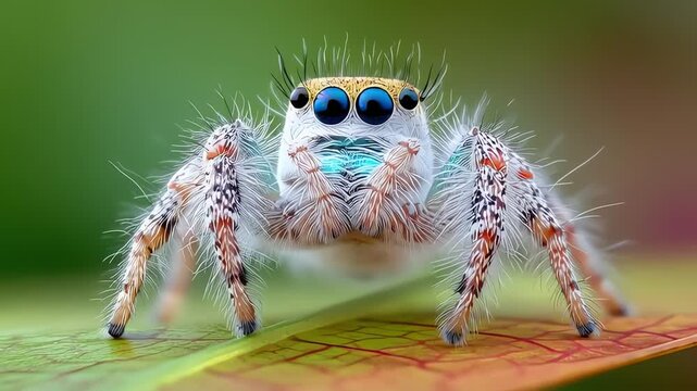 Macro Shot of a Colorful Jumping Spider on a Leaf
