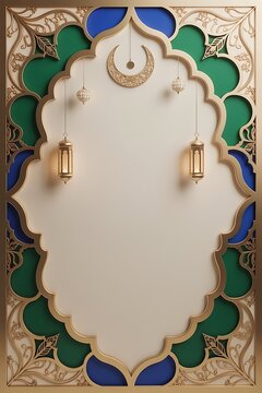 Luxury Muslim Wedding Frame with Emerald and Blue Arch, Elegant Nikah Invitation Backdrop with Hanging Golden Lanterns