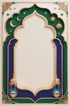 Luxury Muslim Wedding Frame with Emerald and Navy Arch, Elegant 3D Nikah Invitation Backdrop with Golden Lanterns