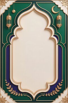 Luxury Muslim Wedding Frame with Emerald and Navy Arch, Elegant 3D Nikah Invitation Backdrop with Gold Lanterns and Moon