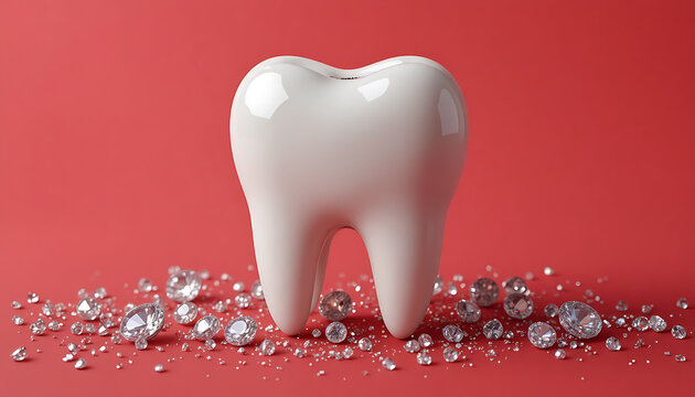 A large white tooth surrounded by many shiny diamonds on a red background for dental or oral health concepts