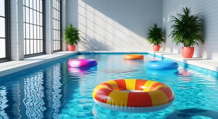 Obraz premium Pemandangan kolam renang yang semarak dengan pelampung warna-warni dan tanaman yang rimbun.