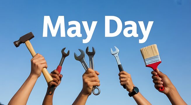 May day celebration with raised tools a symbol of labor and solidarity