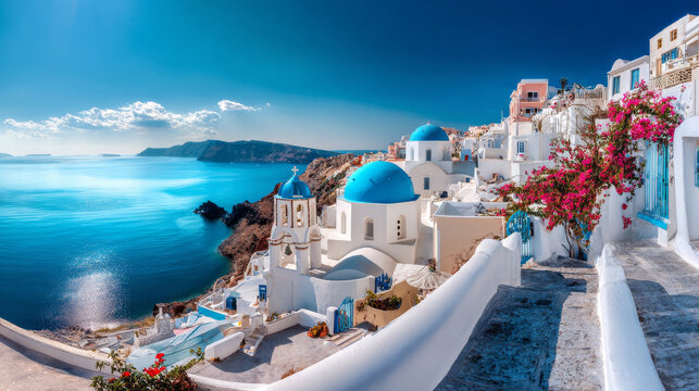 Great morning panorama of Santorini island. Picturesque spring sunrise on the famous Greek resort Oia, Greece, Europe. Traveling concept background. Artistic style post processed photo.
